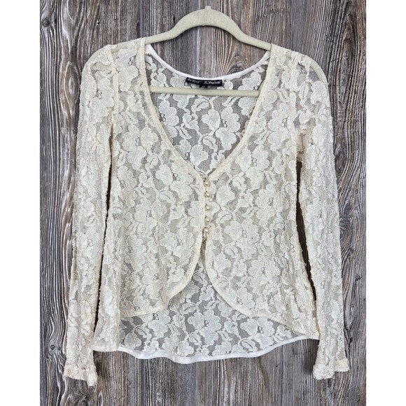 Vtg Betsey Johnson Beige Sheer Lace Cardigan Blouse  MED CottageCore FairyCore - Picture 1 of 12